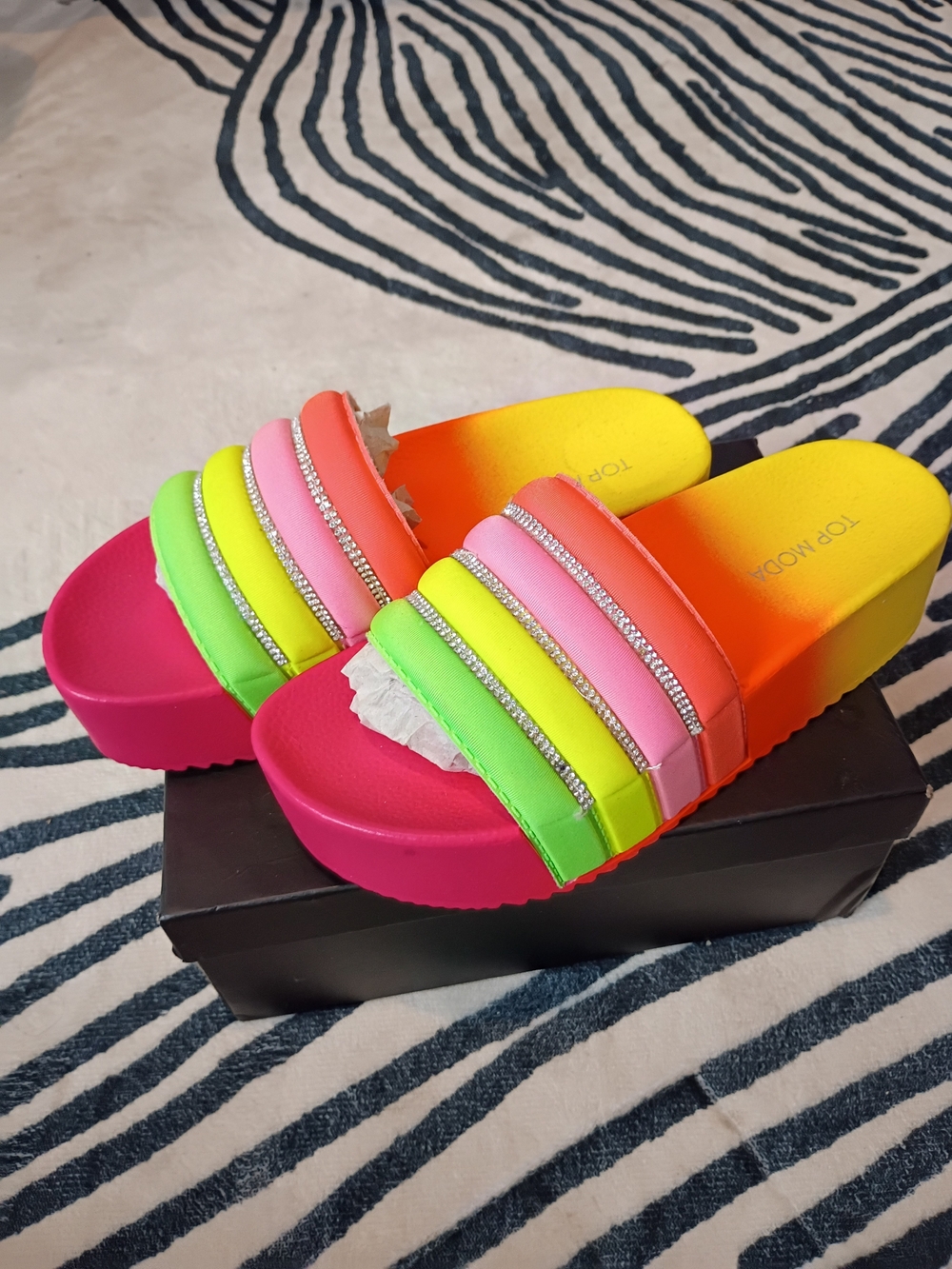 TOP Moda Neon Multi-Color Rhinestone Slide Sandals